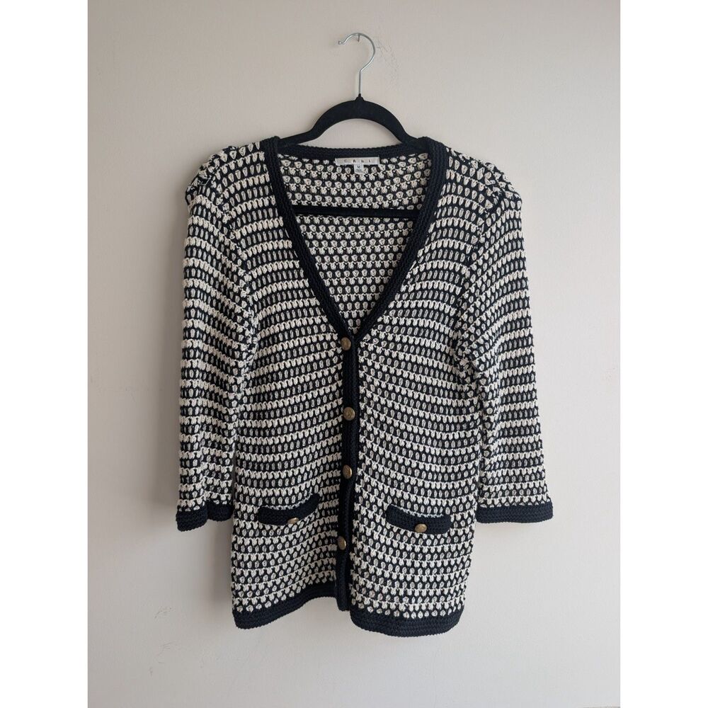 CAbi black ivory textured knit cotton gold button 3/4 sleeve cardigan sweater